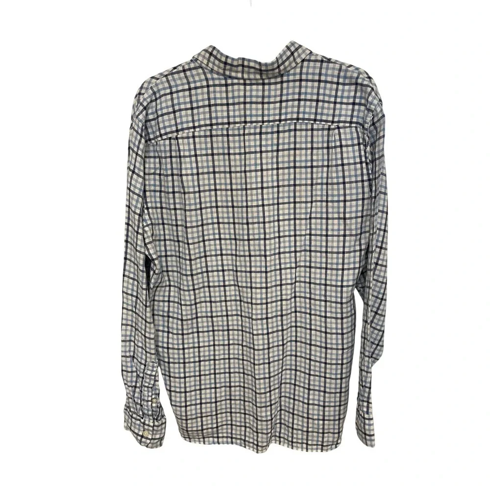J Crew Button Down Shirt Irish Linen Large Blue‎ White Plaid Long Sleeve